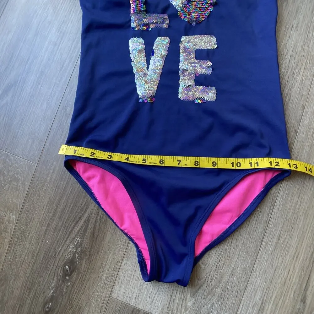 Justice One Piece Swimsuit Sz 14 Blue Pink Lining LOVE Sequin Flip Modest